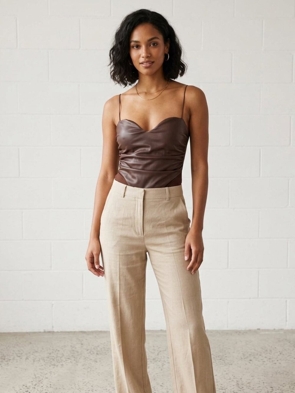 Fashion Nova Brown Faux Leather Ruched Corset Bodysuit Back Zip Size Large